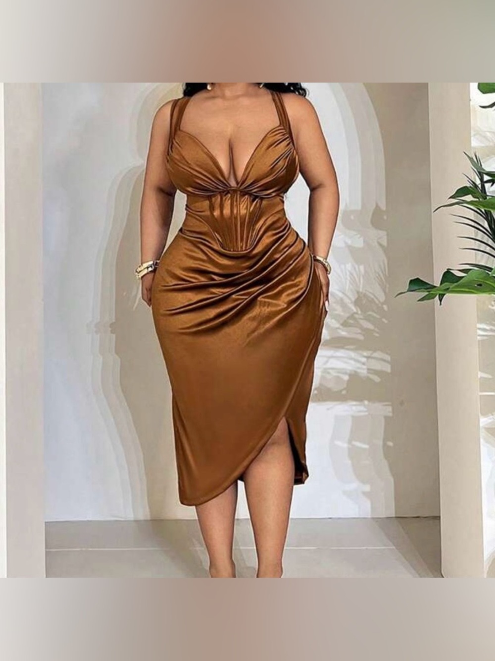 🆕 NEW Without Tags Ruched Bodycon Midi Dress in Coffee Brown - 3XL